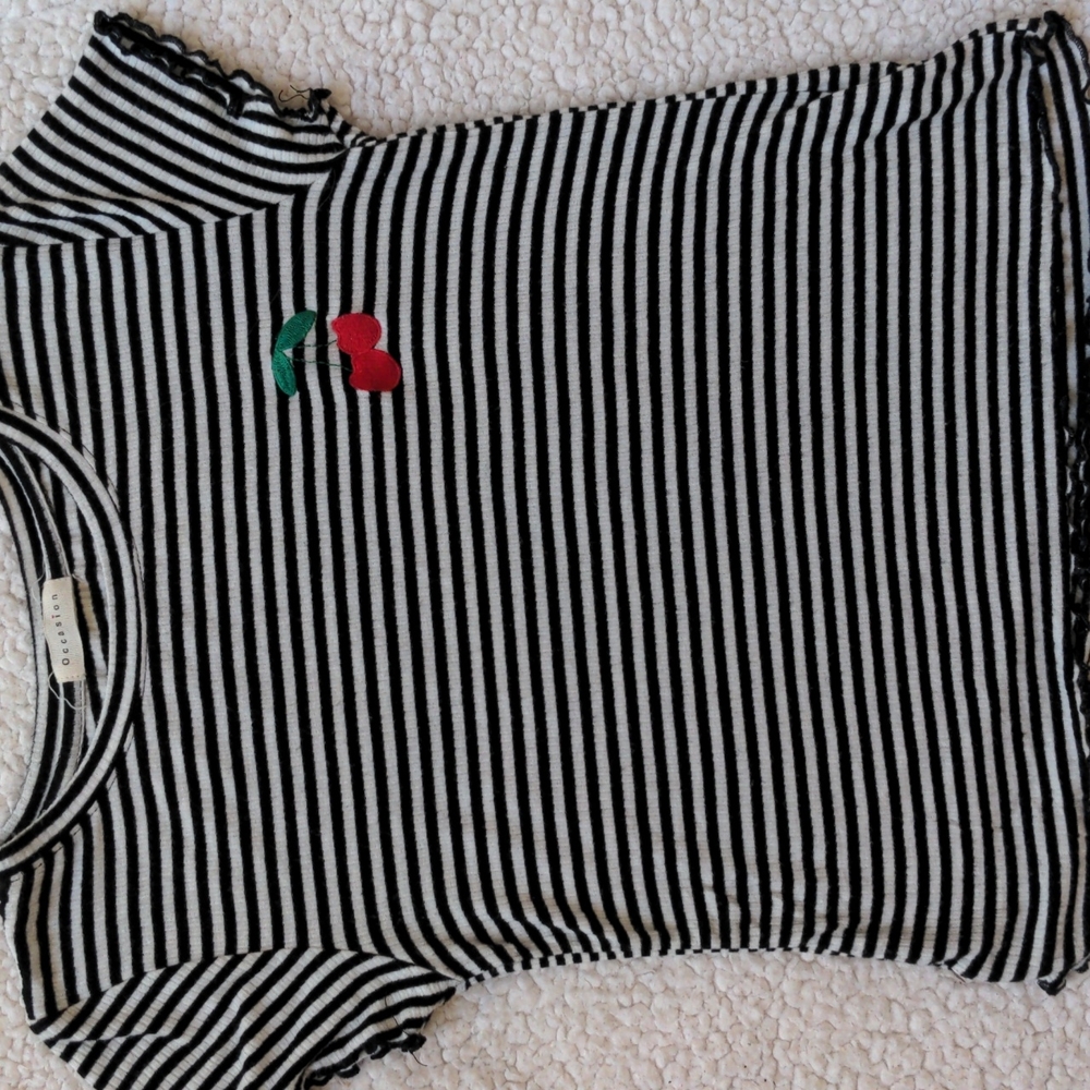 Small black/white striped Cropped Tshirt with cherry embellishment